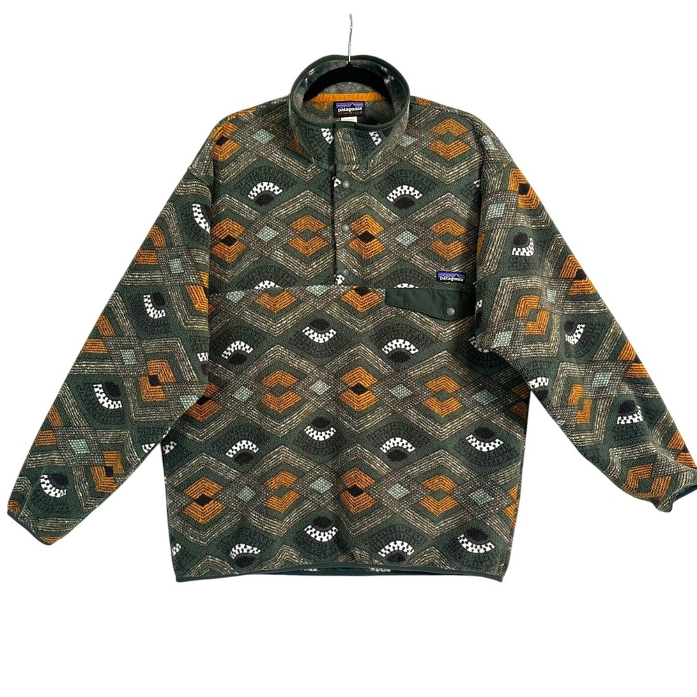 Patagonia Snap-T Slowfoot Aztec Print Synchilla Fleece Pullover Green L Gorpcore
